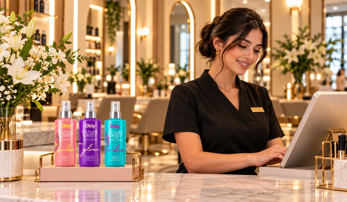 Exhibidor OKLY en salón de belleza